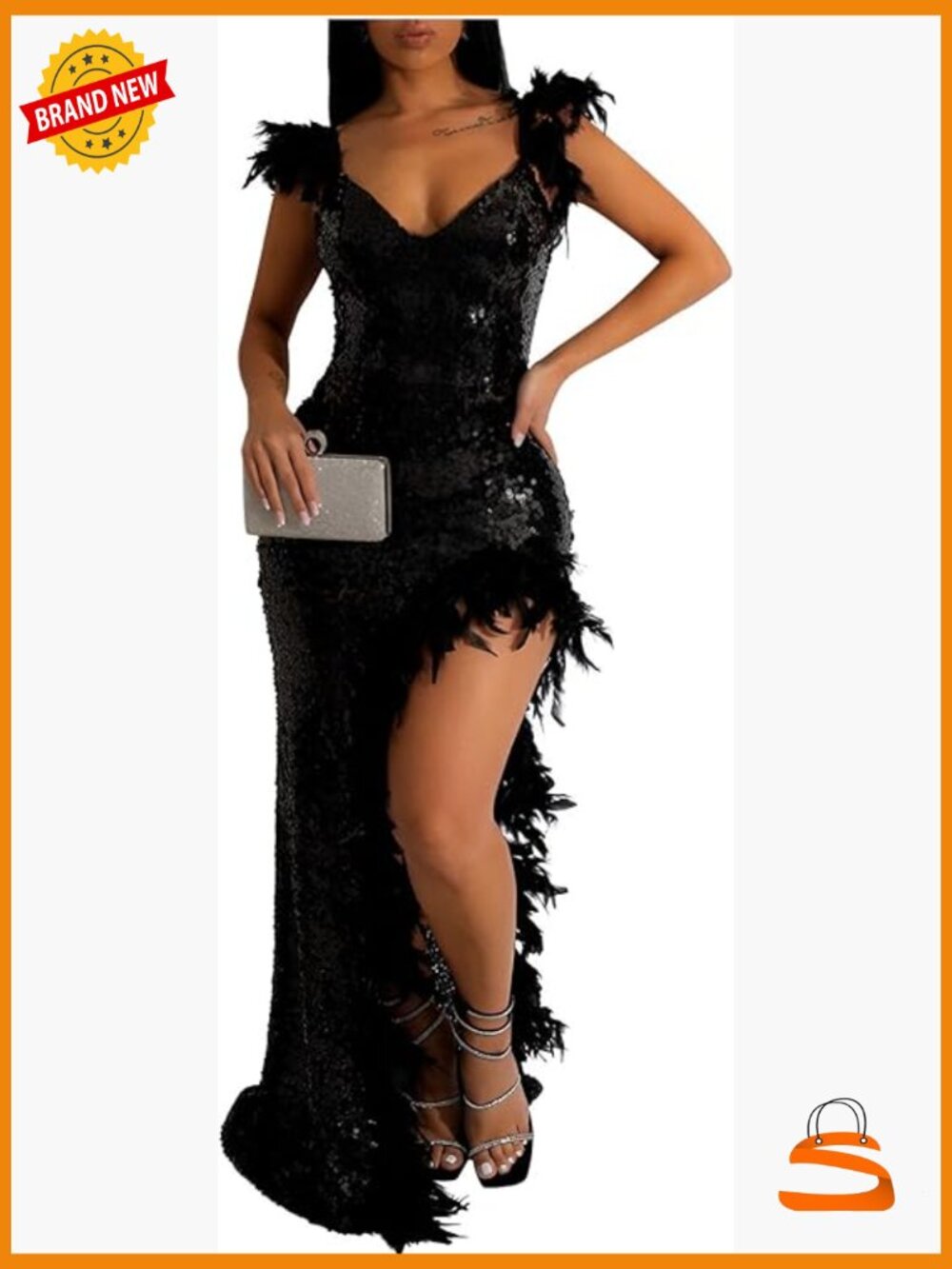 Sequin Feather Prom Dress 2026 High Slit Deep V Neck Maxi Ball Gown